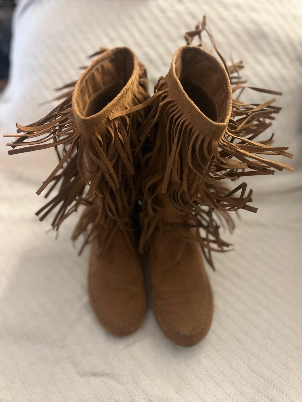 Fringe Suede Knee-High Boots in Brown